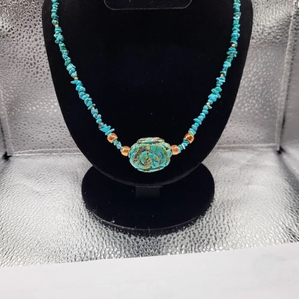 Genuine Turquoise Beaded Necklace With Carved Center Bead